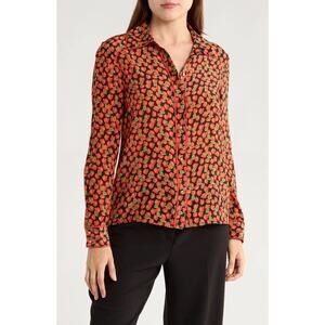 ALICE + OLIVIA Willa Long Sleeve Strawberry Print Silk Button-Up Shirt